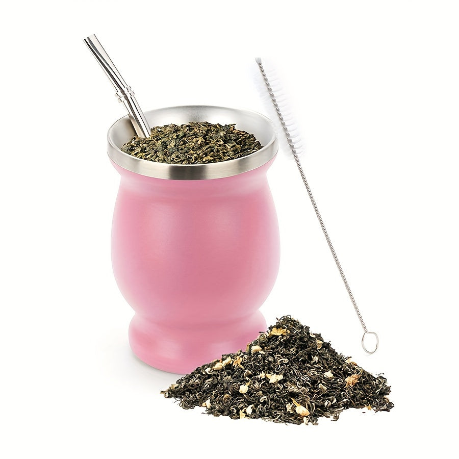 8oz stainless steel Yerba Mate cup and bombilla set, includes brush and straw. Perfect for enjoying Yerba Mate at home or on the go. Ideal birthday gift.