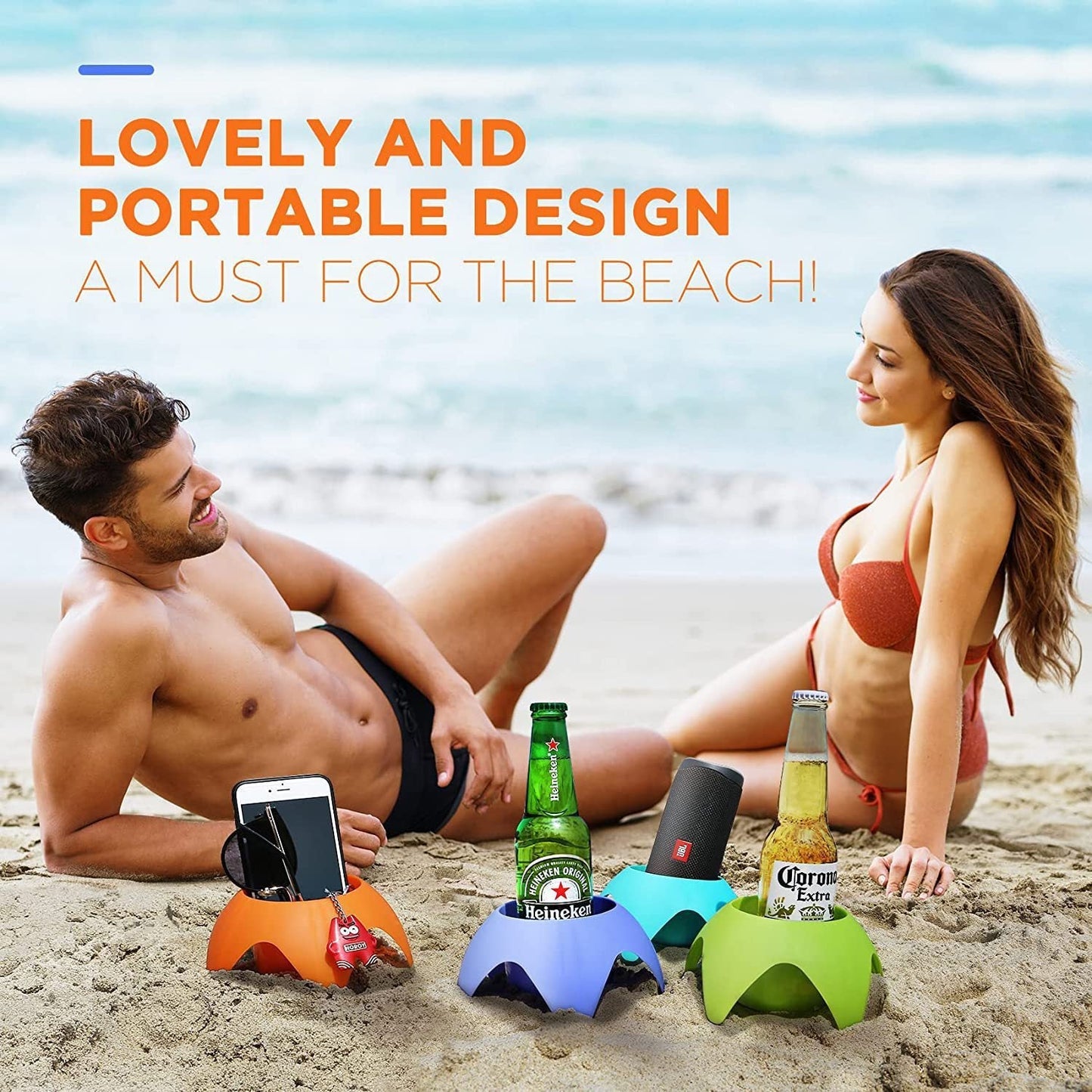 A versatile cup holder designed for outdoor use, this portable plastic tray is perfect for the beach and camping.