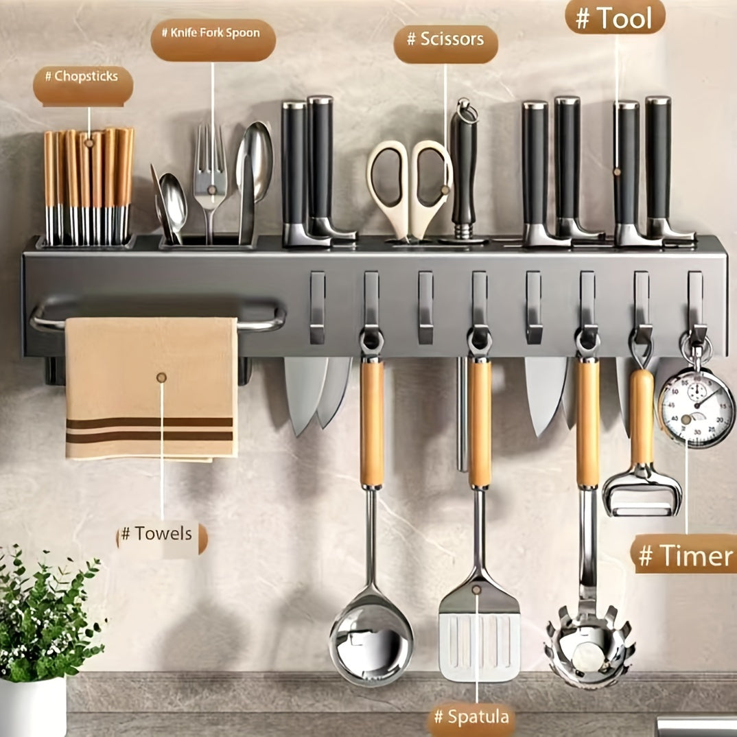 Premium Carbon Steel Kitchen Utensil Holder: Wall-Mounted, No-Drill Rack for Knives, Spoons, Forks, Spatulas - Includes Towel Bar and Drain Basket for a Space-Saving, Hygienic Design.