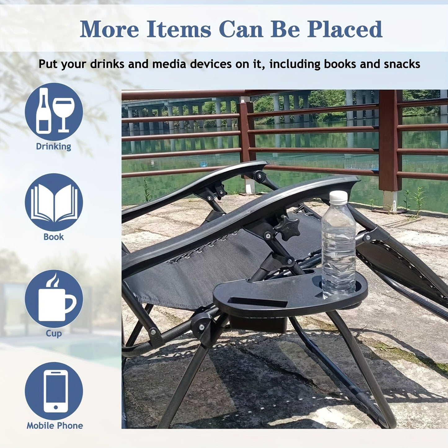 Organize your outdoor relaxation space with the 1pc Multifunctional Zero Gravity Chair Accessories Water Cup Tray. This durable folding chair water cup holder doubles as a convenient shelf for beverages, mobile phones, and books.