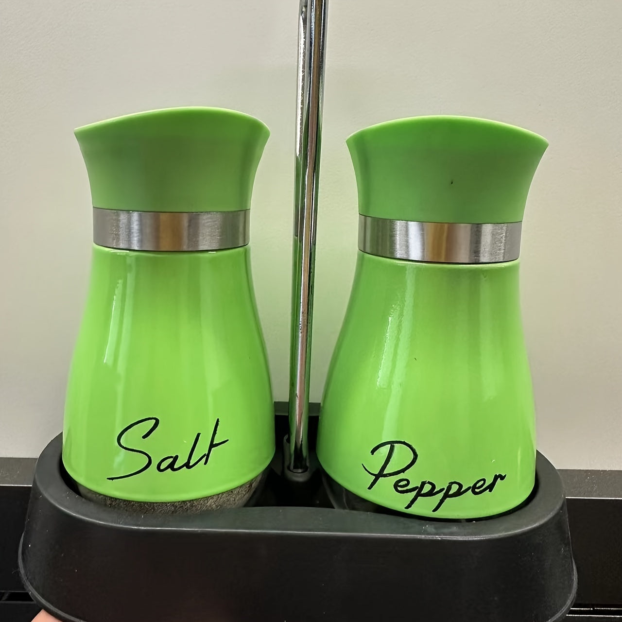 Set of 2 Glass Salt and Pepper Shakers with Holder - 4 oz Refillable Stainless Steel Lidded Spice Dispensers, Perfect for Kitchen, Home, RV, Camping, BBQ - Patterned Shaker Pots for Farmhouse Decor, Wedding Gift