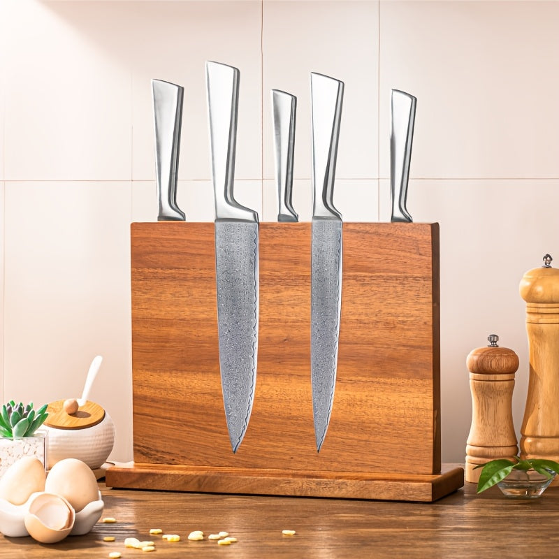 Organize your kitchen knives in style with the Acacia Wood Magnetic Knife Block Stand. This knife set holder features a strong magnetic strip to securely hold your knives. It's not just a practical tool for your kitchen - it also doubles as a