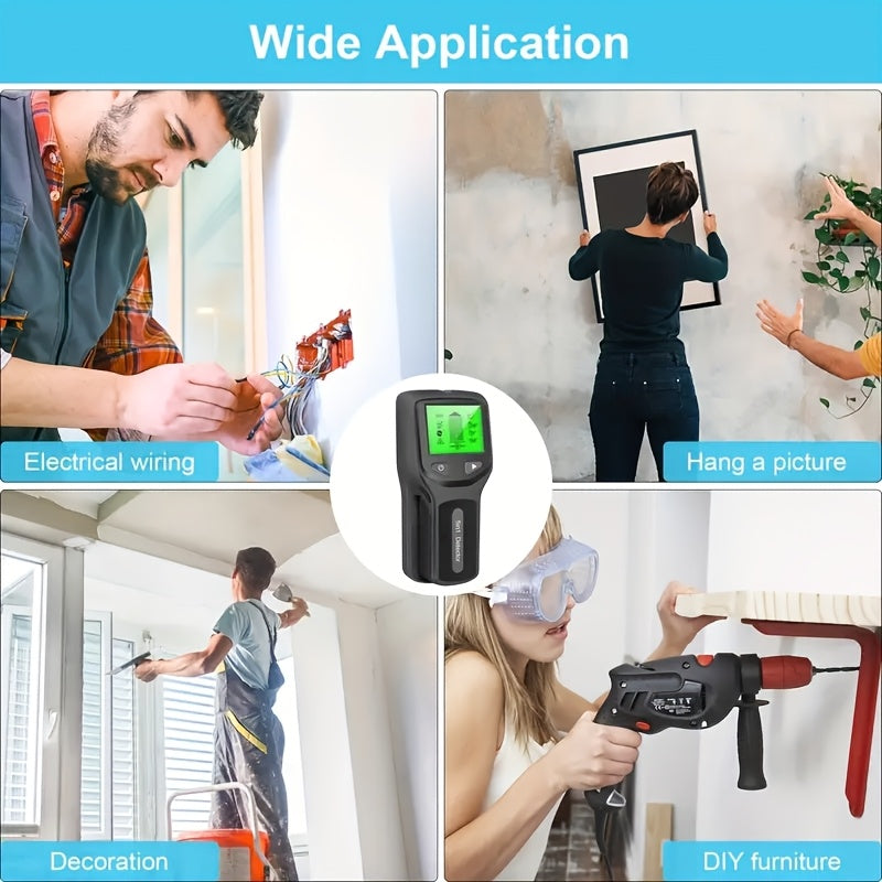 5-in-1 stud finder scans for wood, metal, and AC wires with backlit display, battery-operated (batteries not included).