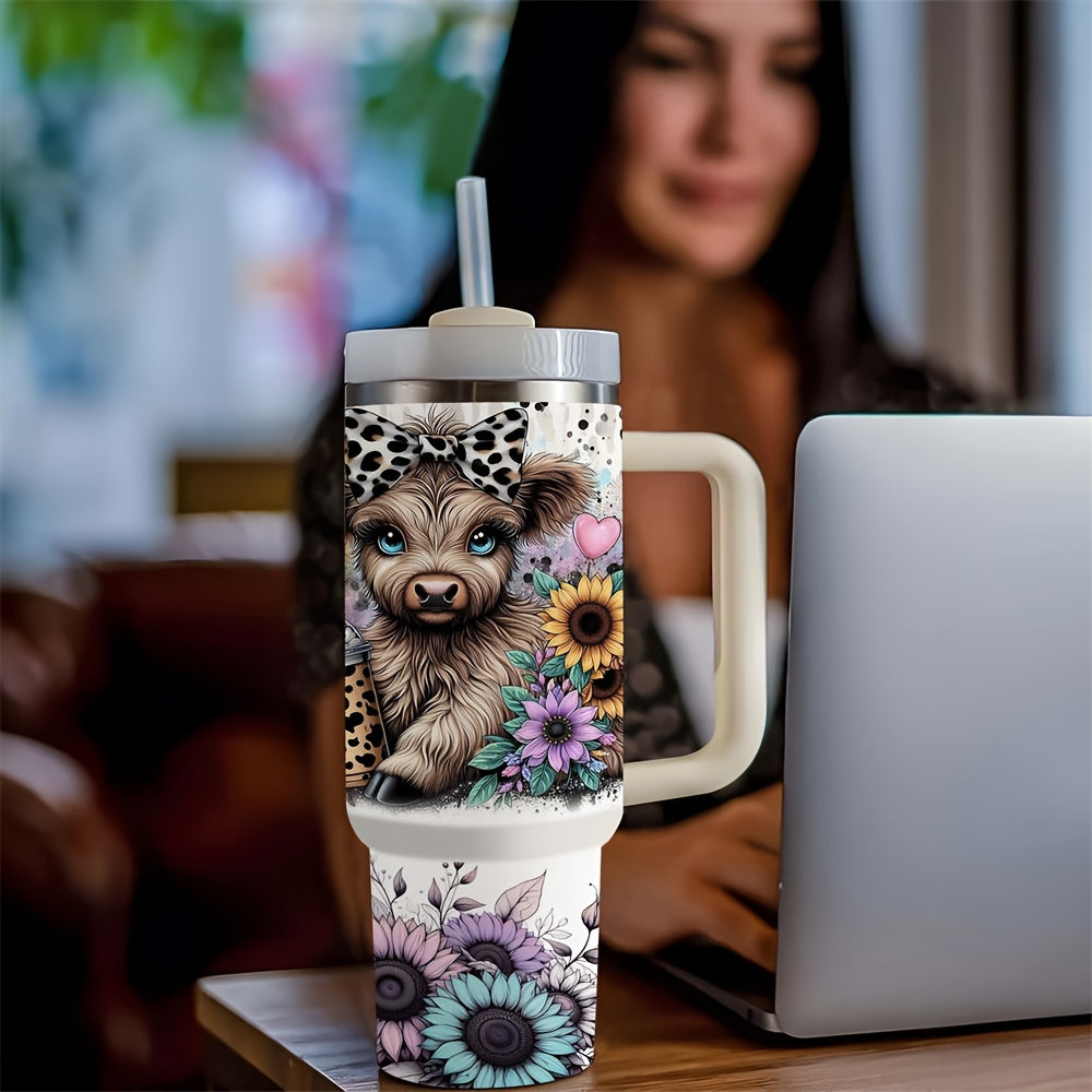 Stainless steel tumbler with handle and straw, featuring Highland Cow and Sunflower design, ideal for coffee, milk, and beer. Great Christmas gift for loved ones. Festive and durable beverage container.