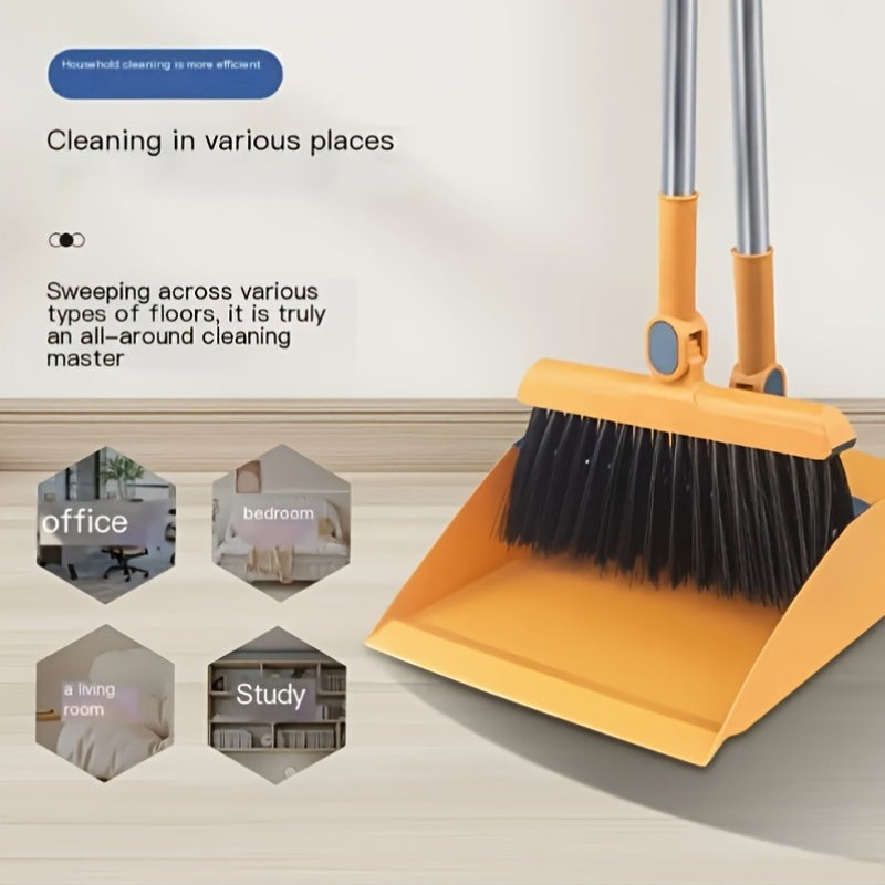 Household broom and dustpan set with non-stick technology for easy hair sweeping and trash collection.