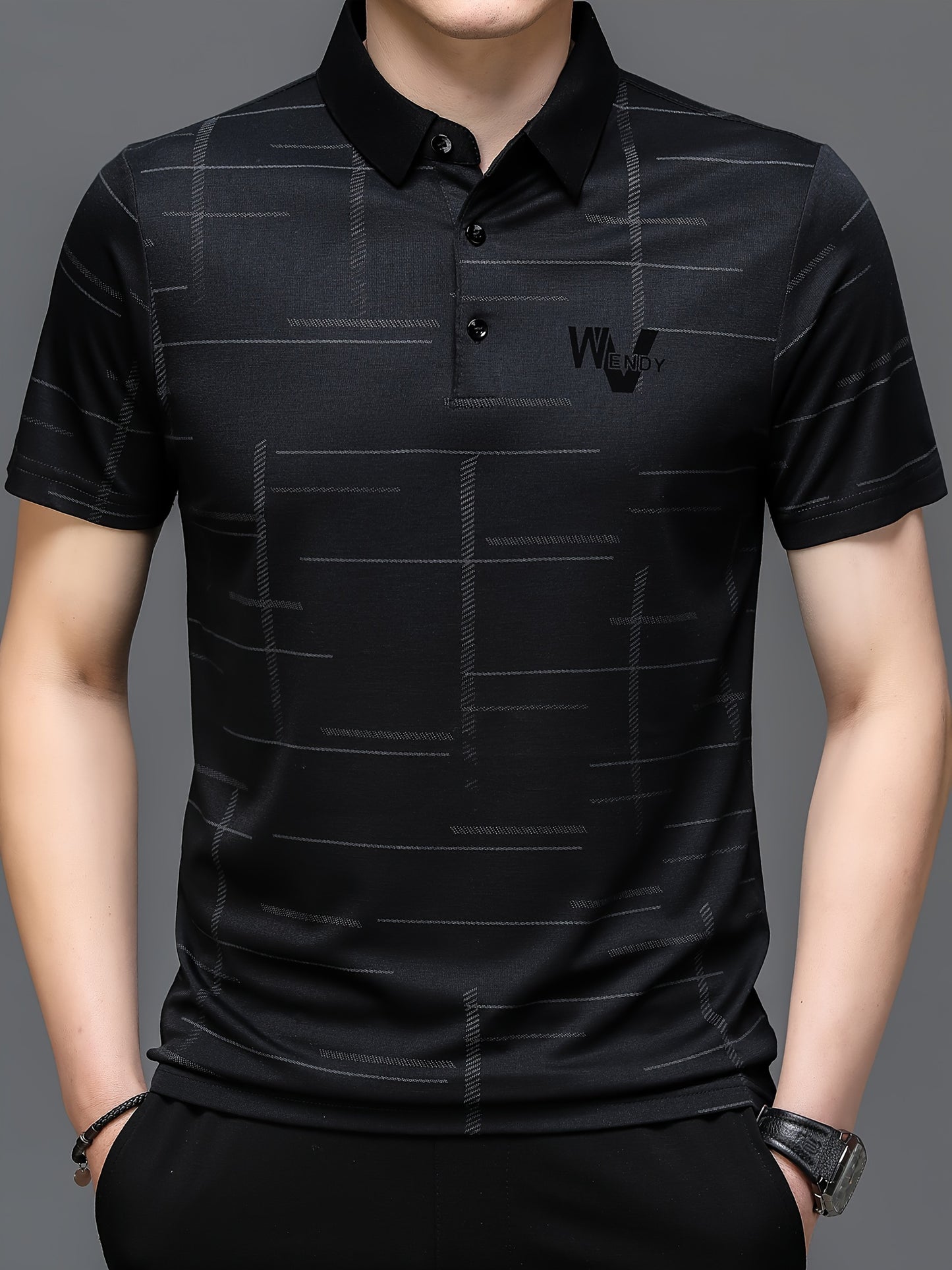 Men's sports shirt with irregular stripe pattern, alphabet print, lapel collar, short sleeves, and suitable for summer outdoor activities.