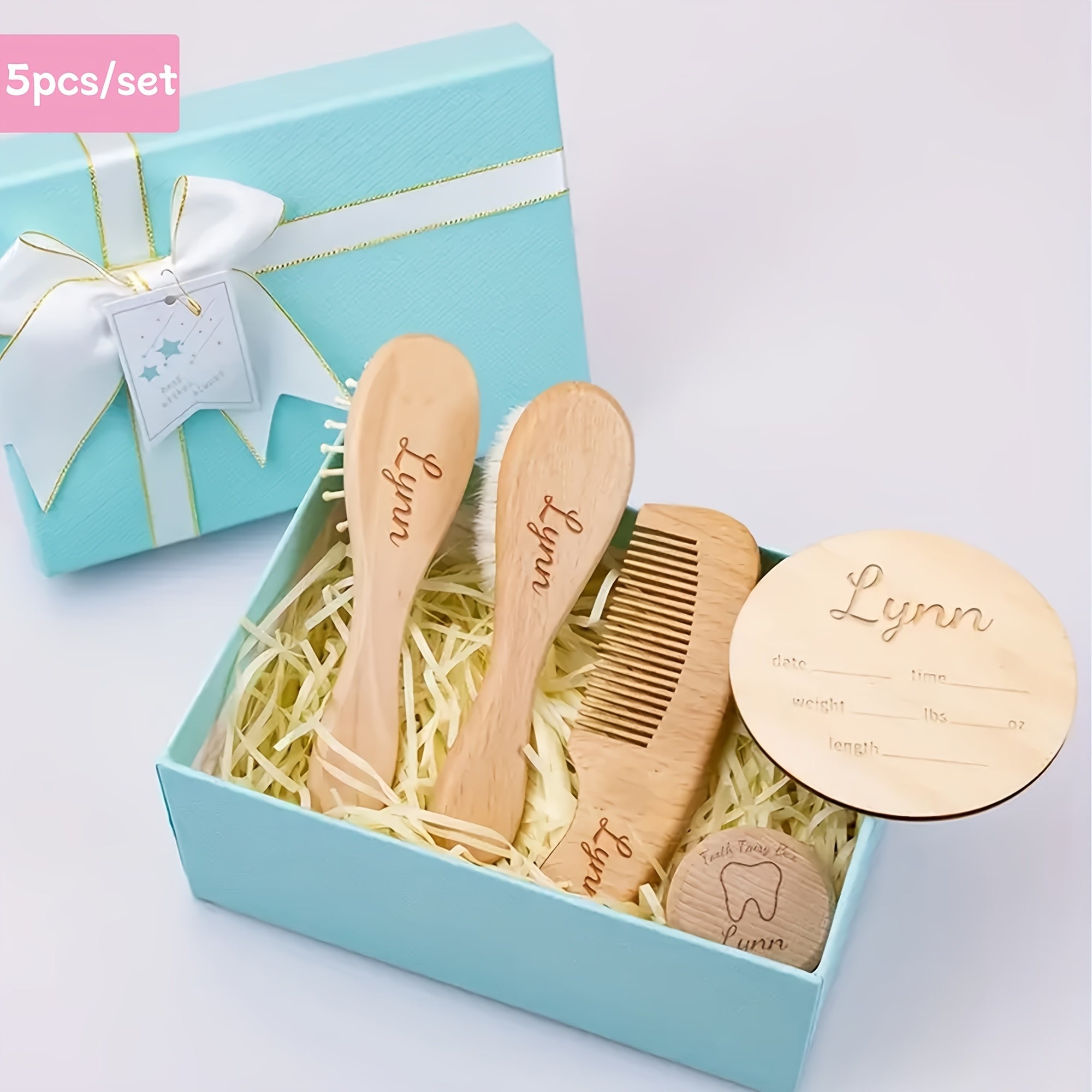 Set of 5 Personalized Custom Hair Brush and Comb Set with Wooden Tooth Box and Growth Milestone Plaque. Features Wool Bristles, Beech Handle, and Normal Hair Finishing Comb.