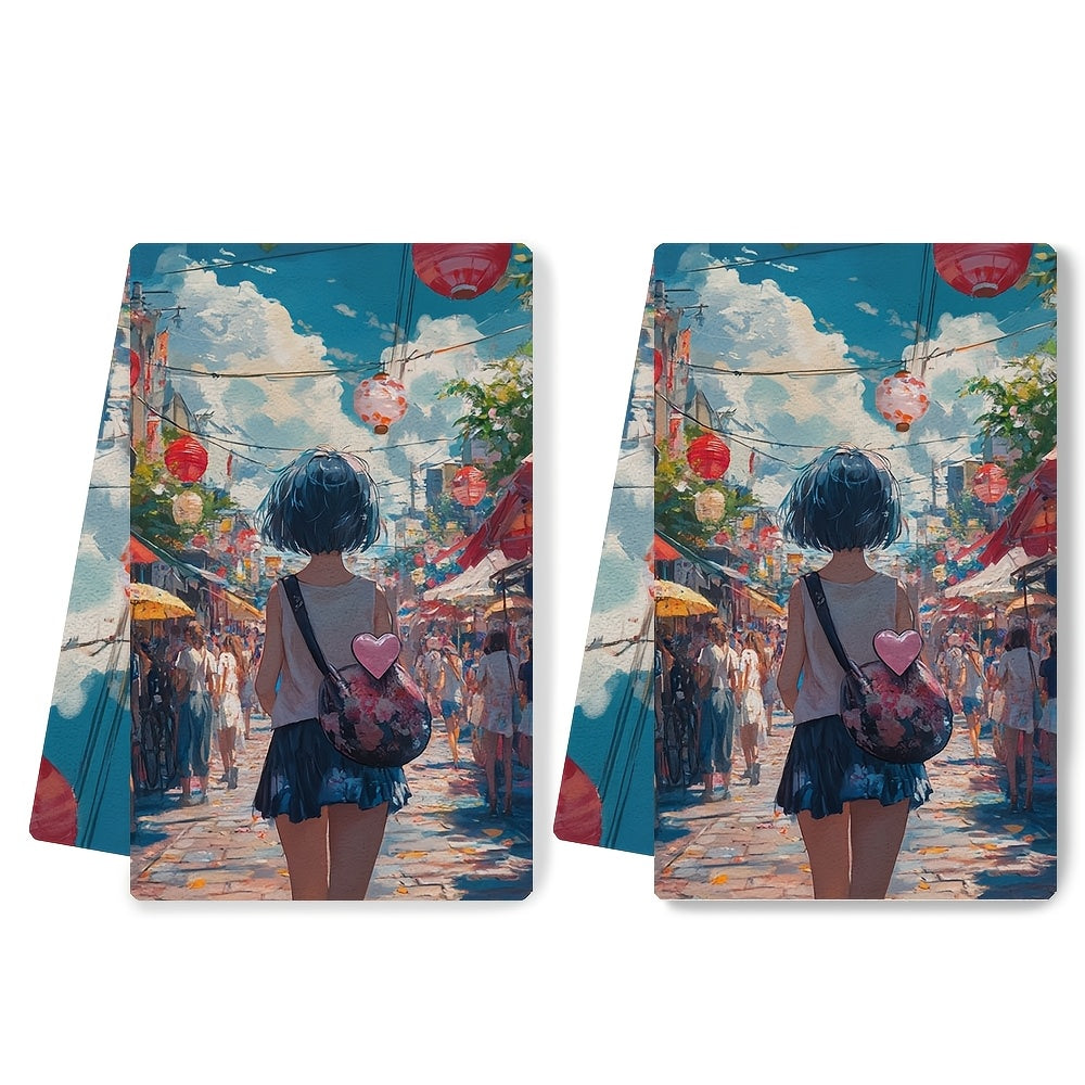 Two-Pack of Ultra Soft Polyester Kitchen Towels with a Contemporary Style, High Absorbency, and Machine Washable feature. Rectangular Dish Hand Towels with a Coastal Theme measuring 40.64x60.96 cm.