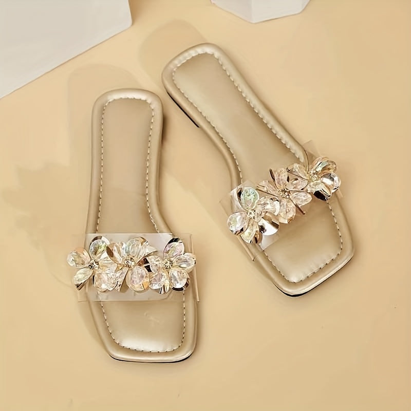 Women's Rhinestone Floral Sandals with Slip-On Transparent Band and Square Toe Flat Soft-Sole.