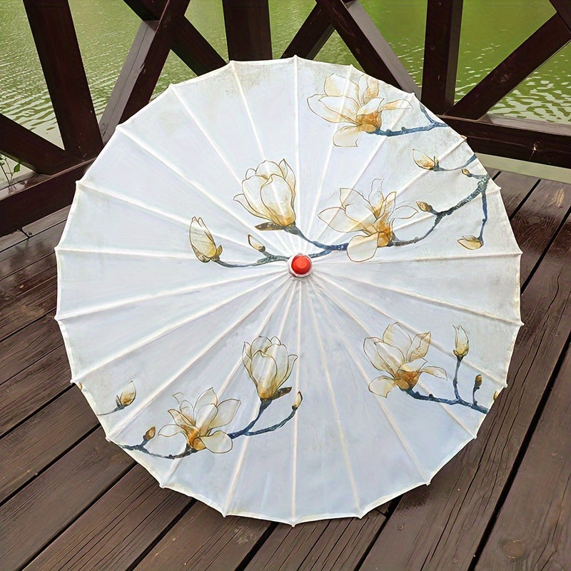 Chinese Flowers Parasol Umbrella with Cherry Blossom Sakura Floral Bamboo Handle for Sun and Rain Protection, Ideal for Weddings and Parties.