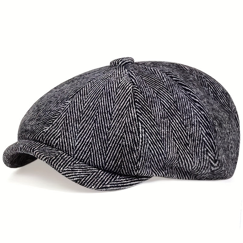 Retro Octagonal Herringbone Hat for Men, Striped Casual Beret, Gatsby Flat Hat