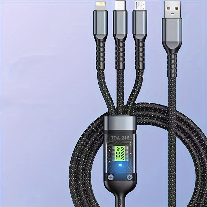 OLISHEN 100W 3-in-1 Fast Charging Cable for iPhone and other devices, with Nylon Round Matte design and Male to Male Connector for data transmission.