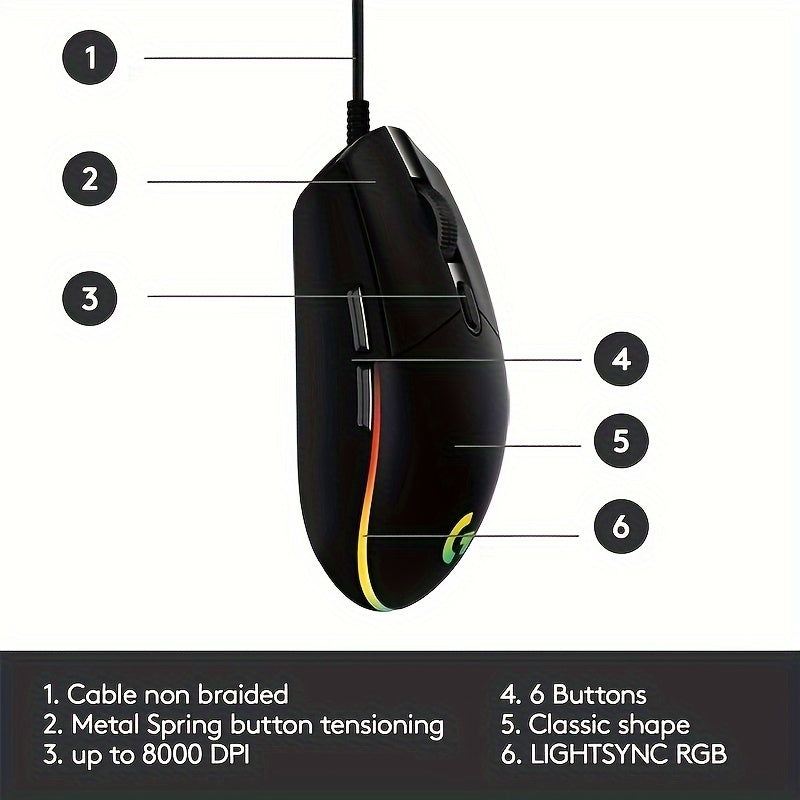 Logitech G102 Wired Gaming Mouse with RGB Lighting, 8000 DPI, Lightweight, Mechanical Button, Comfortable Grip, Optical Sensor, Corded USB for PC Laptop Gamer, Windows 8 Compatible, Right