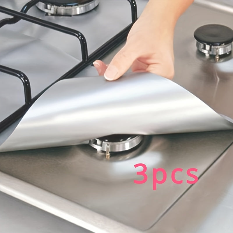 Pack of three reusable gas stove burner protector pads, with a thickness of 0.15mm. These pads are non-slip, BPA & BPS free, easy to clean kitchen accessories that require no electricity.