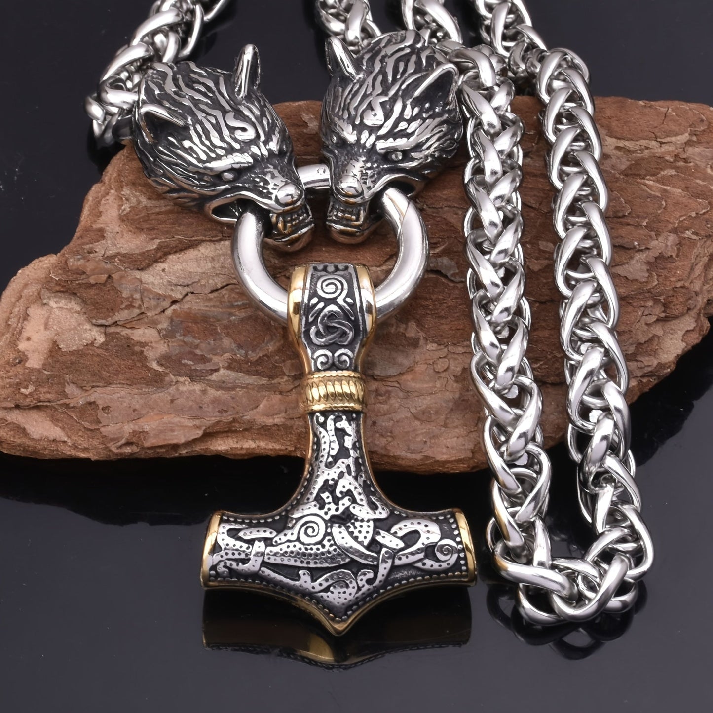 Gold Wolf Head Thor's Hammer Pendant Necklace - A stylish and bold men's jewelry piece inspired by European and American Viking culture.