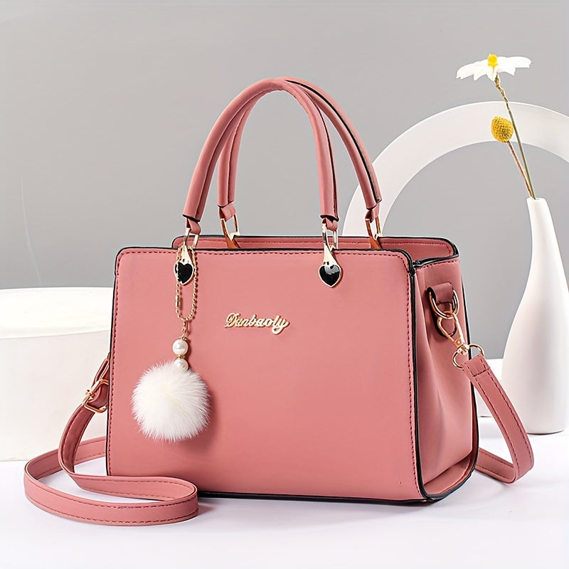 Solid color handbag with multi-layer crossbody design, satchel purse for women with pompom ball charms.