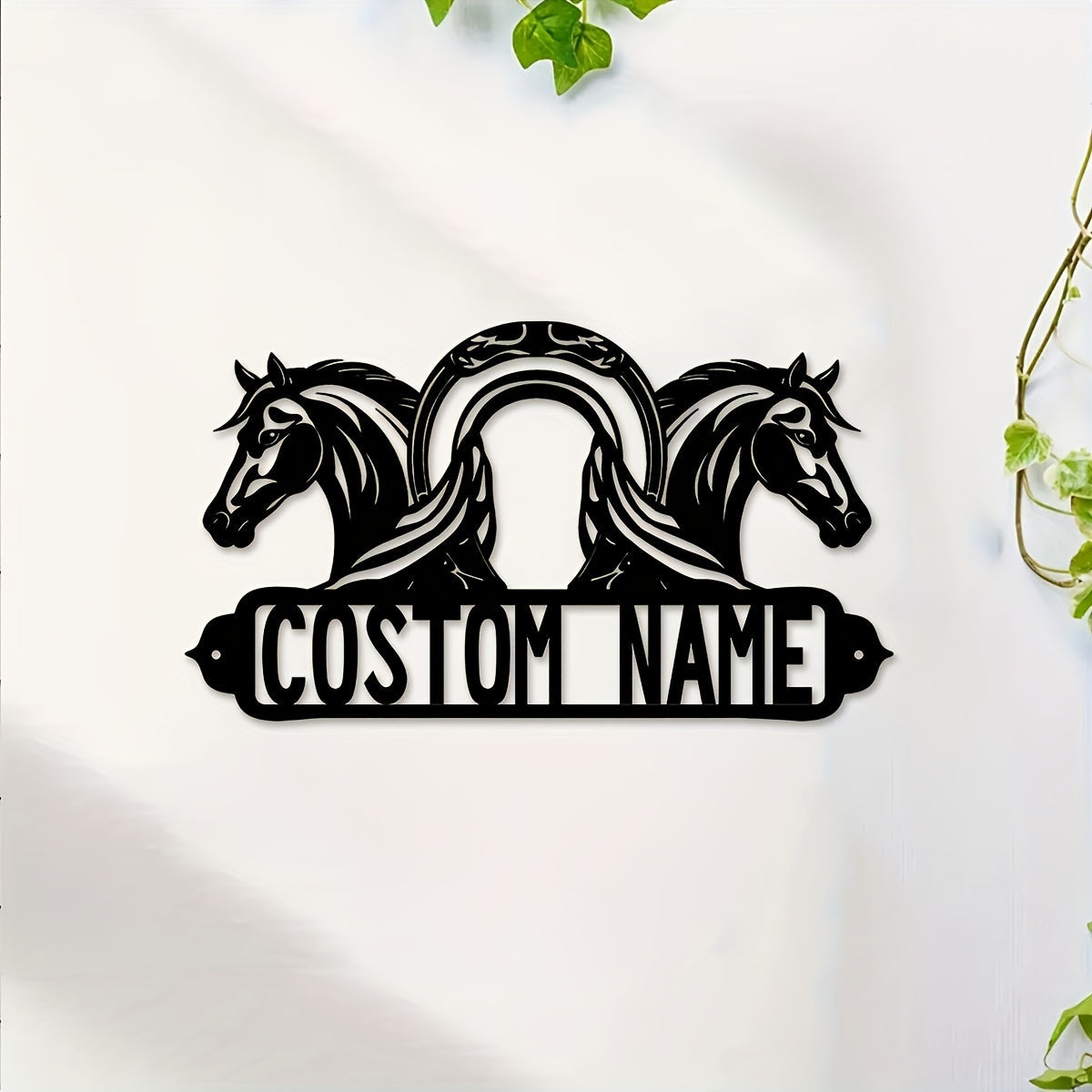 Customize your space with our one piece customizable black iron horse wall art. This personalized name metal sign is perfect for adding a rustic farmhouse touch to your home, office, porch, or patio. Handcrafted and distressed for a unique look, this