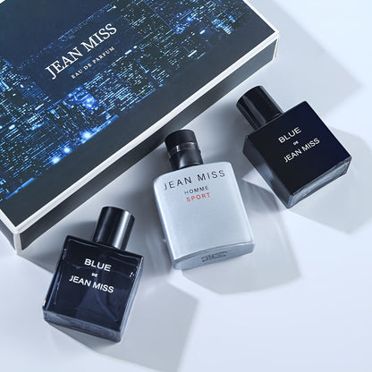 Men's perfume suit with blue cologne, wood fragrance, and lasting freshness in an authentic gift box for students.