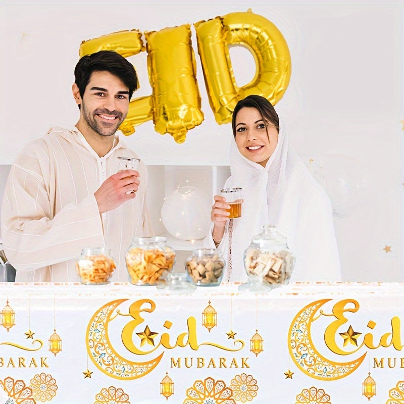 1 Elegant White & Golden Moon Eid Tablecloth with "Eid Mubarak" Design and Islamic Motifs, Disposable Plastic Cover for Ramadan Kareem and Eid Al Adha Celebrations, Ideal for Muslim Party