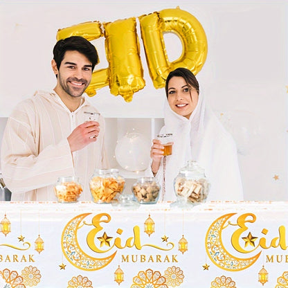 1 Elegant White & Golden Moon Eid Tablecloth with "Eid Mubarak" Design and Islamic Motifs, Disposable Plastic Cover for Ramadan Kareem and Eid Al Adha Celebrations, Ideal for Muslim Party