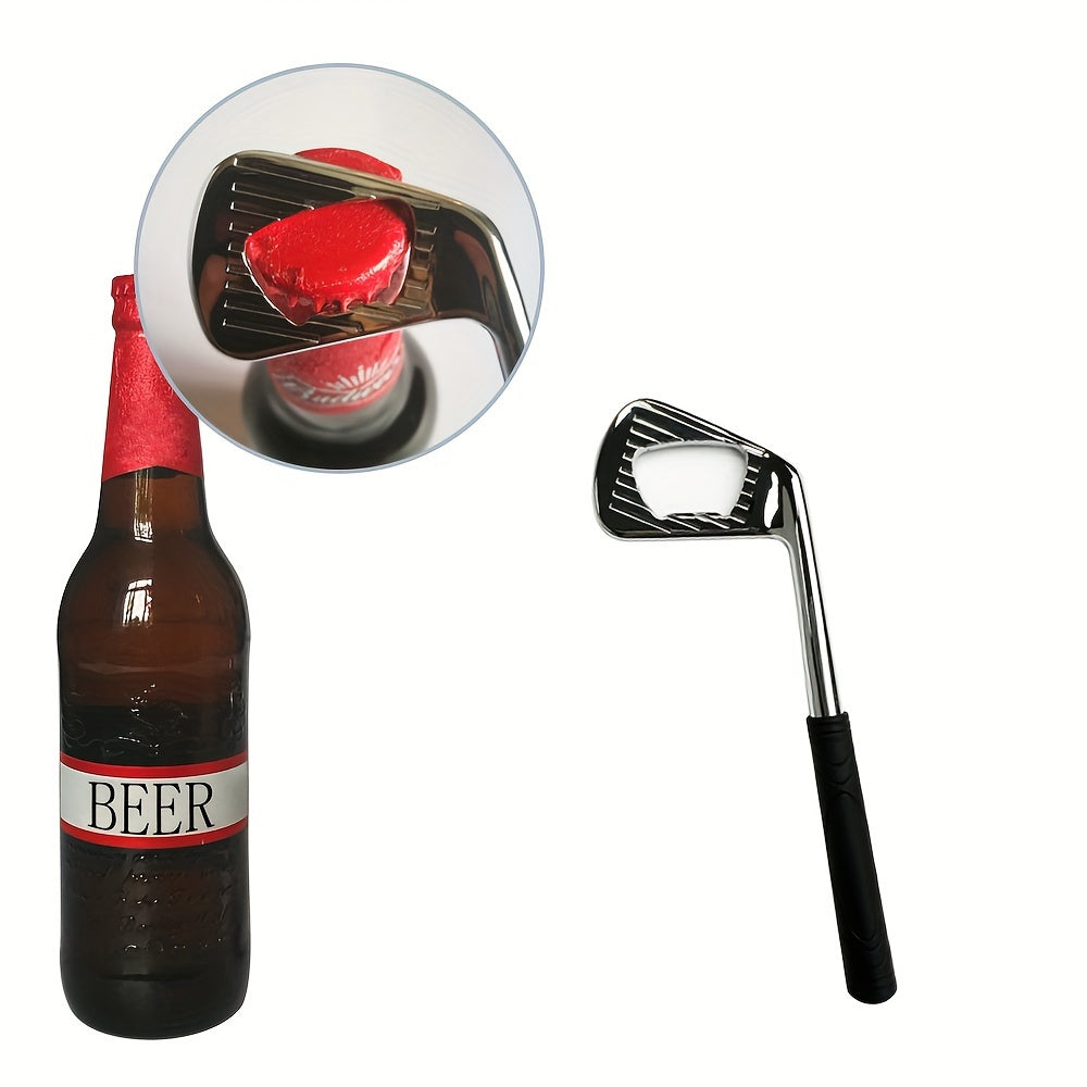 A golf club-shaped bottle opener made of zinc alloy with a golden finish.