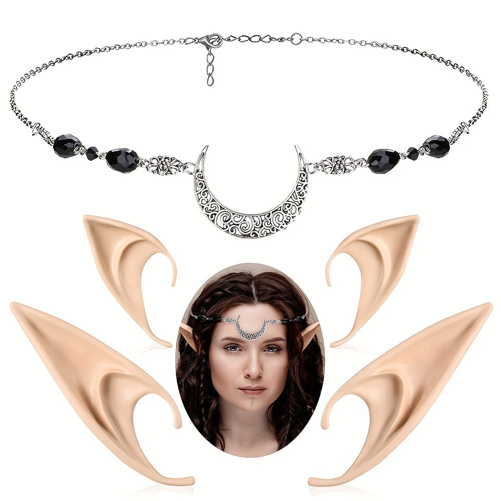 Set of Elf Ears with Headpiece, includes Short and Long Fairy Ears with Moon Head Chain. Perfect Fairy Hair Accessories for Halloween, Masquerade, Renaissance, Eid, and Ramadan Cosplay Props