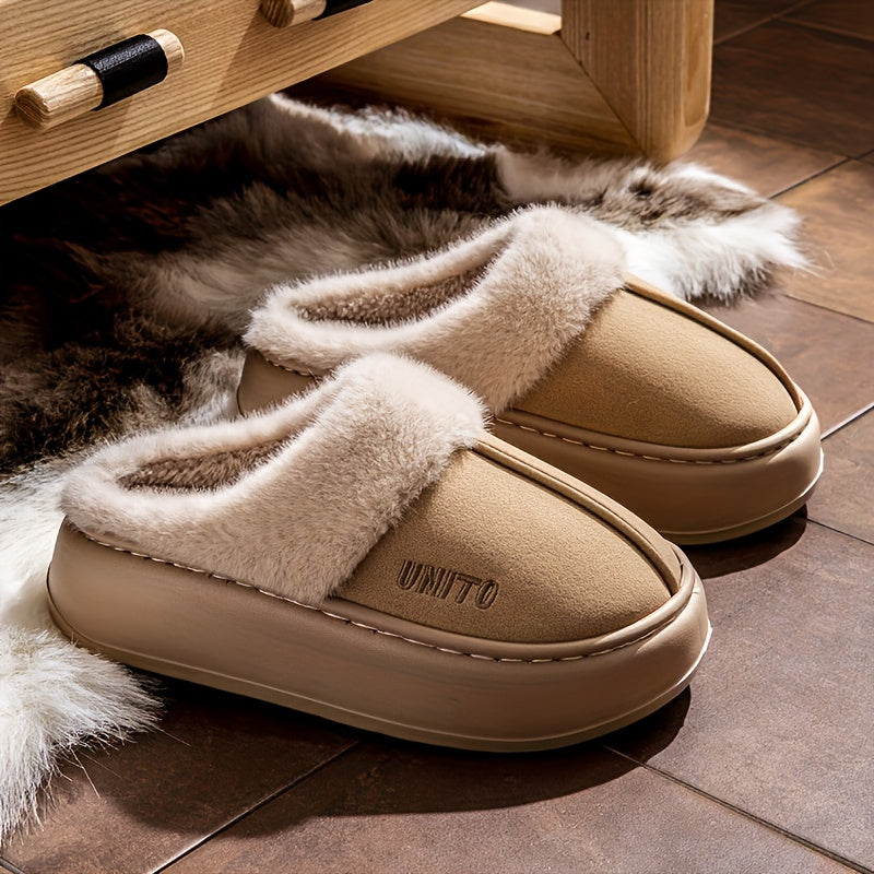 Cozy winter plush slippers for men and women with soft fabric lining, non-slip sole, machine washable. Available in beige and gray with white fur trim. Perfect for indoor comfort.