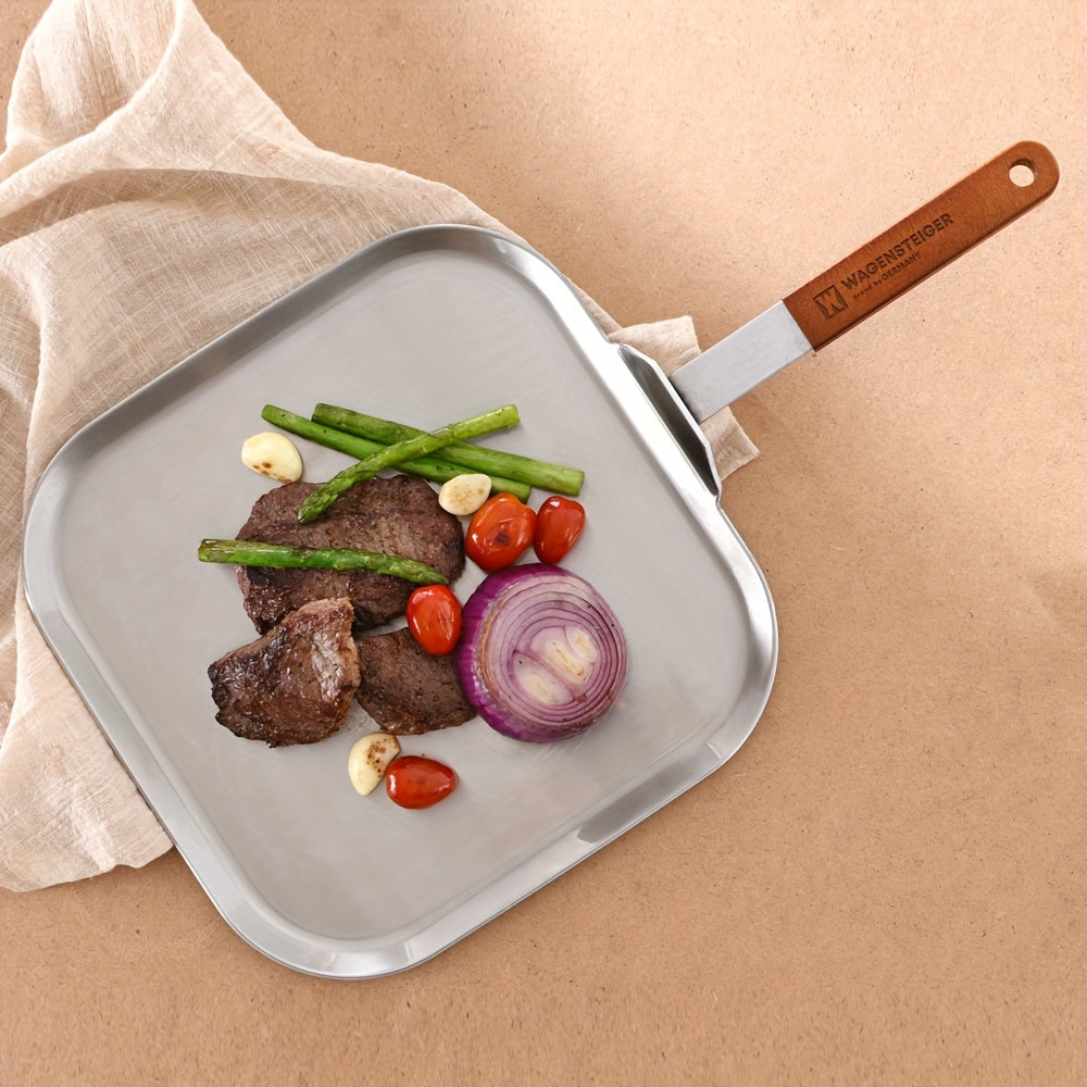 Square Frying Pan with Tri-Ply Stainless Steel Construction - 29*29cm, Featuring a Wooden Handle, Flat Griddle Design for Cooking Steak & Eggs, Ideal for Home and Outdoor Use, High-Quality Cookware with Even Heating and Long-Lasting Durability