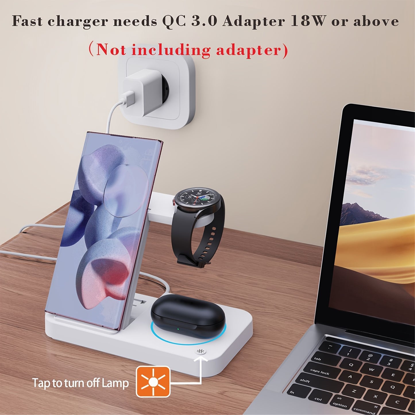 4-in-1 fast wireless charger compatible with Samsung devices and multiple android phones, includes LED night lights.