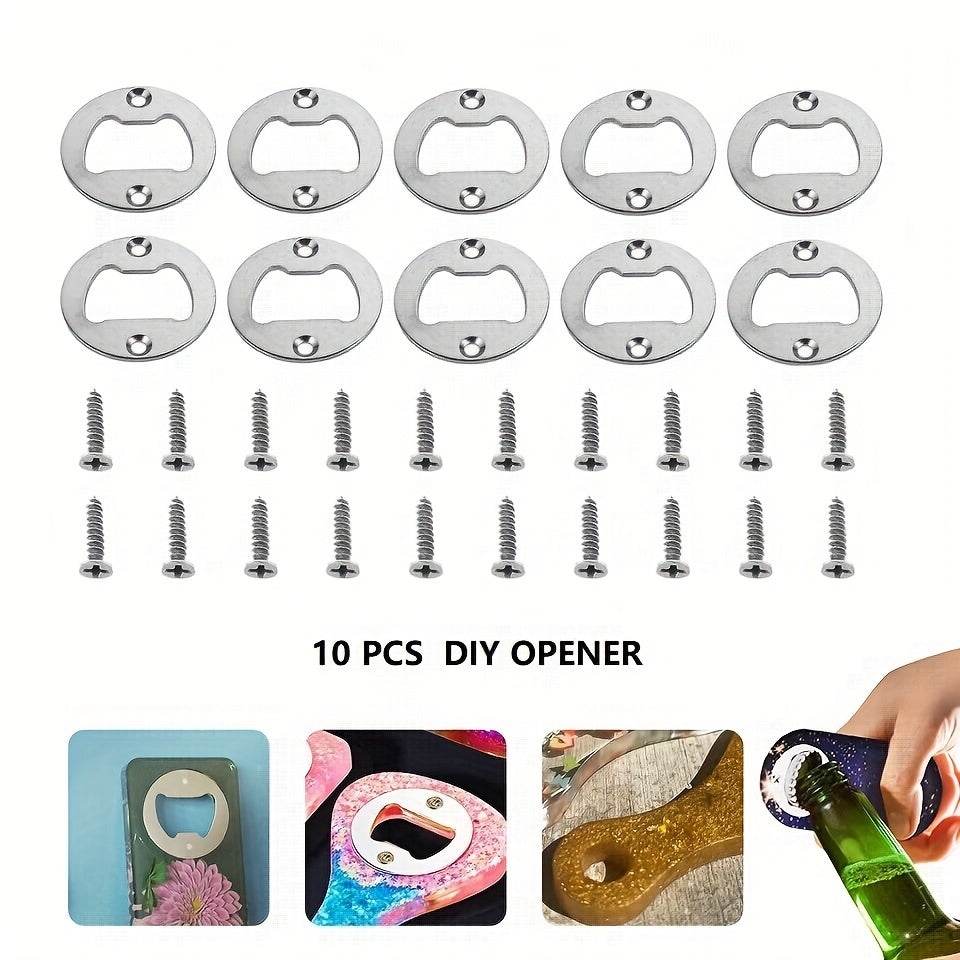 Kit with 10 stainless steel bottle opener inserts for DIY handmade opener art and as kitchen gadgets, accessories, party favors, wedding and birthday gifts.