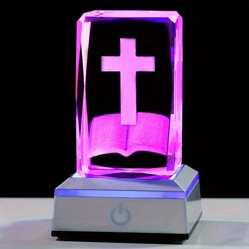 3D Cross Bible Crystal LED night light, ideal for Christian home decoration and gifts for women and men.