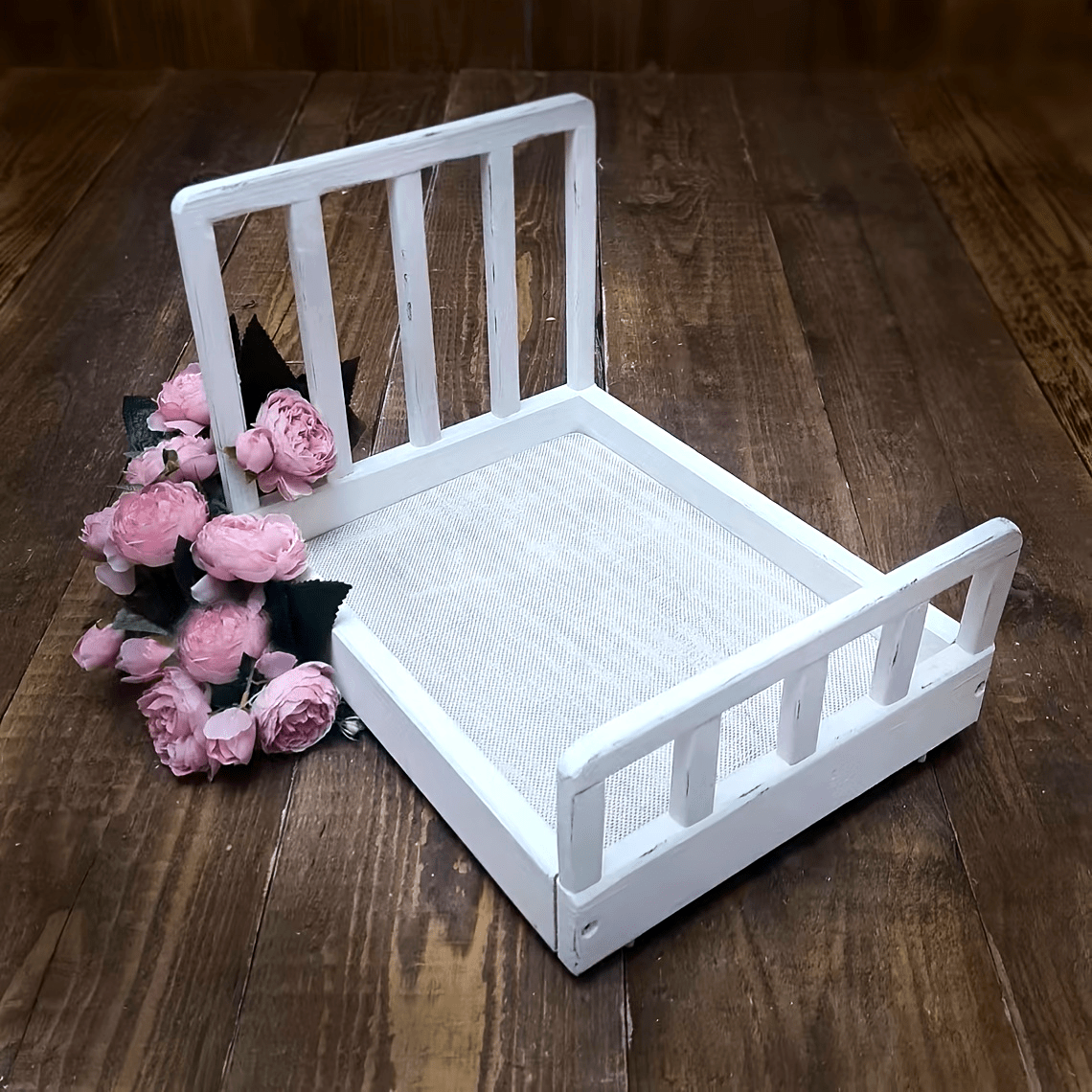 Timeless, adorable white wooden photography prop for young children - vintage-inspired small bed perfect for capturing your child's first 100 days and monthly milestones.