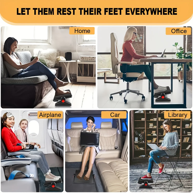 Adjustable ergonomic footrest stool for office use, non-electric, black plastic material.