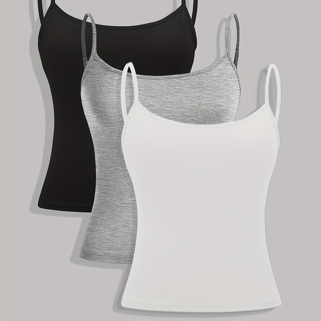 Three solid color women's camisole tank tops.