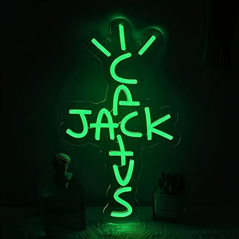 Cactus Jack Red Neon Sign is a USB-powered wall hanging light with a push button control. It is a versatile decor piece for bedrooms, home bars, pubs, parties, and is inspired by West Coast rap culture.