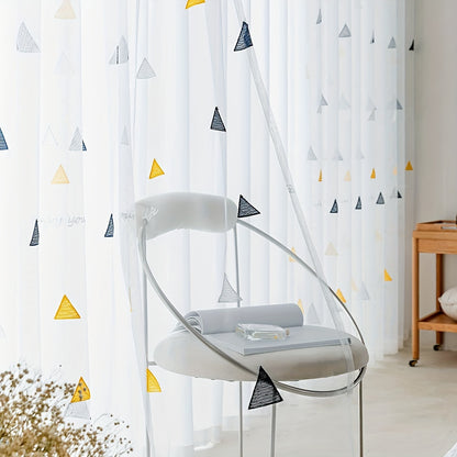 Modern geometric triangle sheer curtains in white polyester with an arts & crafts theme, suitable for girls room, living room, or bedroom. Machine washable, unlined, and featuring a decorative rod pocket embroidered panel.