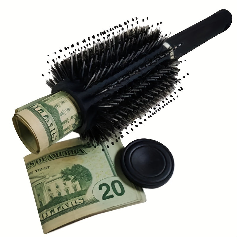 Hidden container with hair brush comb diversion stash serves as a safe compartment for home or travel use.