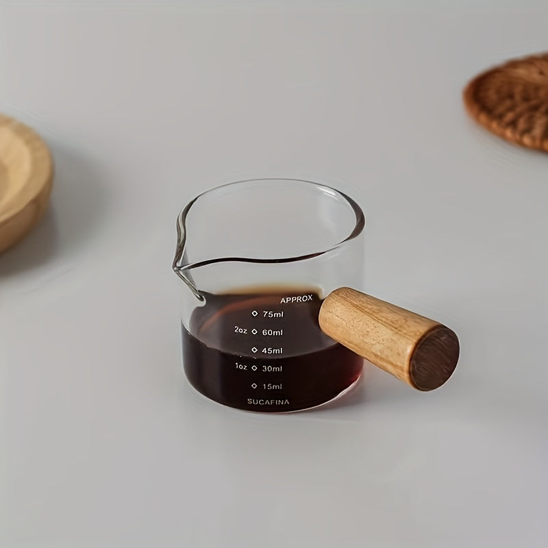 Premium Borosilicate Glass Coffee Cup with Wooden Handle - Dual Spout, Transparent Milk Jug with Measurement Marks for Use at Home or in Restaurants