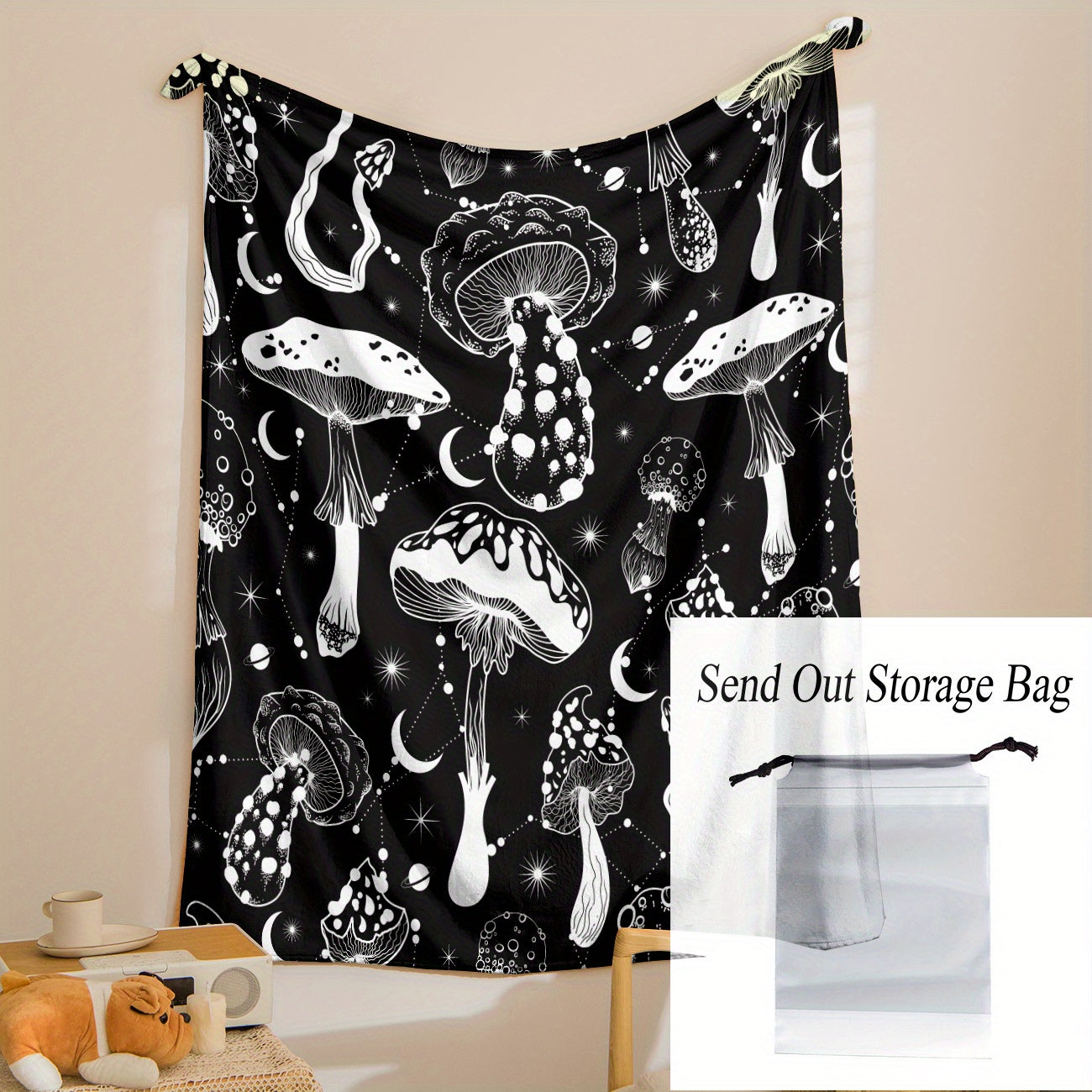 Stay cozy with this stylish Black and White Mushroom Patterned Flannel Blanket, perfect for naps, snuggling, or keeping warm. This versatile and lightweight blanket is a great gift for the home, providing comfort in the living room, bedroom, office, or