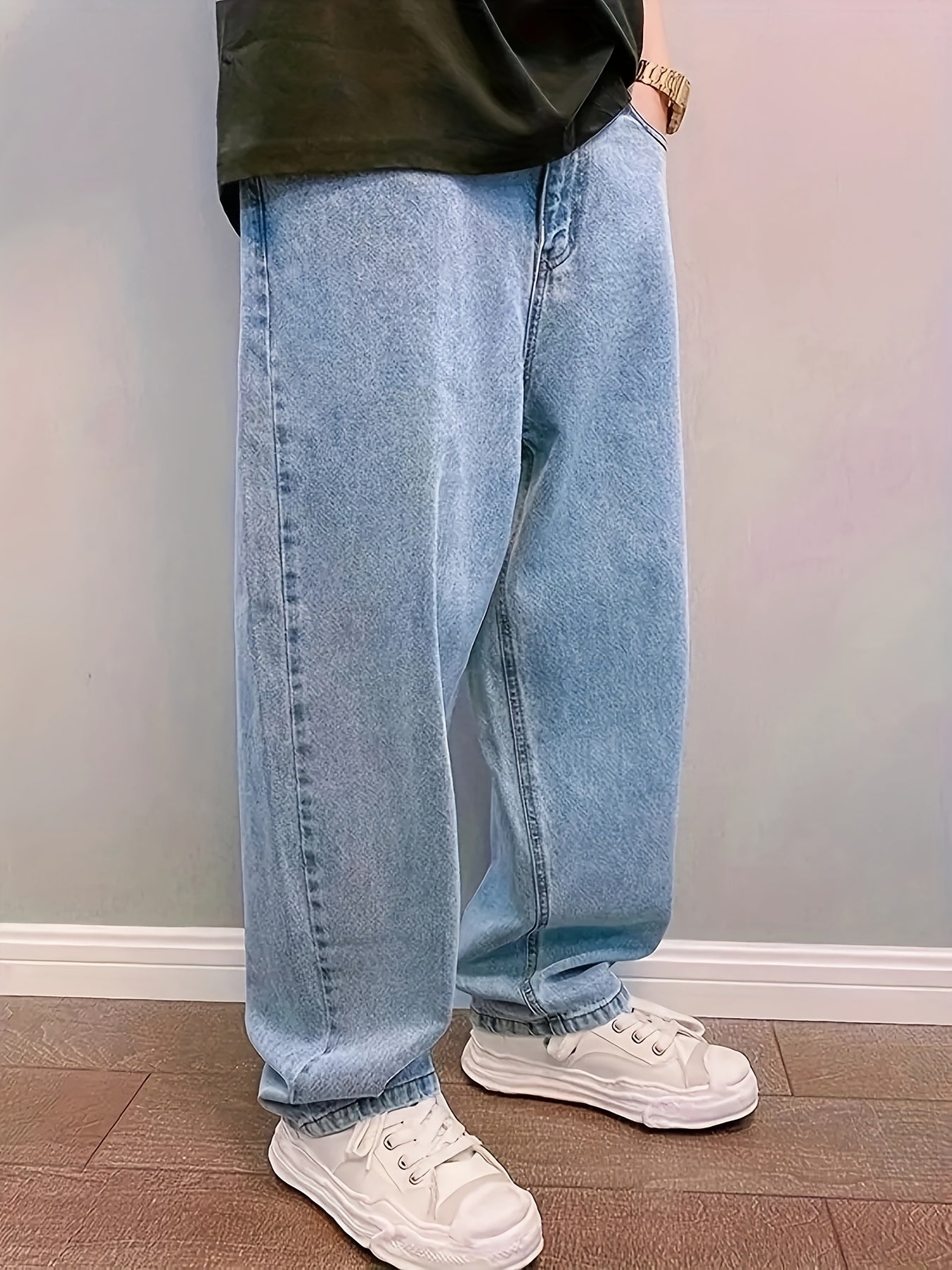 Men's wide leg jeans in a loose, non-stretch cotton blend with a solid color, mid waist, zipper fly, washed finish. Perfect for all-season casual wear with a street style vibe.