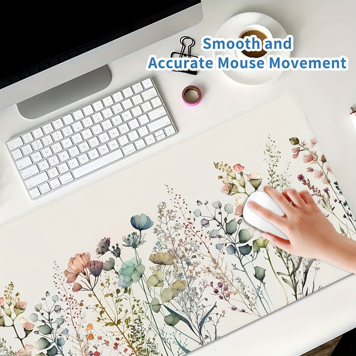 White Floral Rubber Desk Mat: Non-slip, washable, thick & durable. Ideal for office and home workspace. Suitable for laptop, keyboard, and mouse. Artistic design. Washable desk pad.