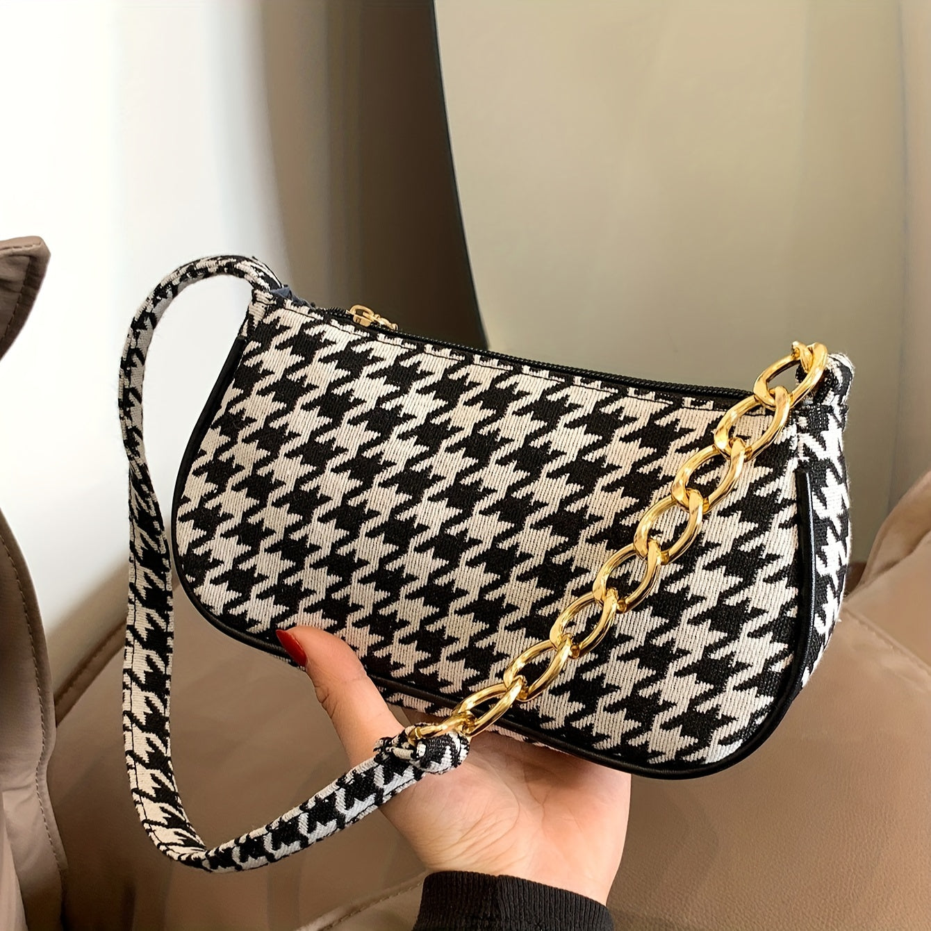 Women's Fashion Houndstooth & Leopard Crossbody Bag - Lightweight and versatile for shopping, work, travel. Perfect gift with polyester lining and zip closure, no oil edging.