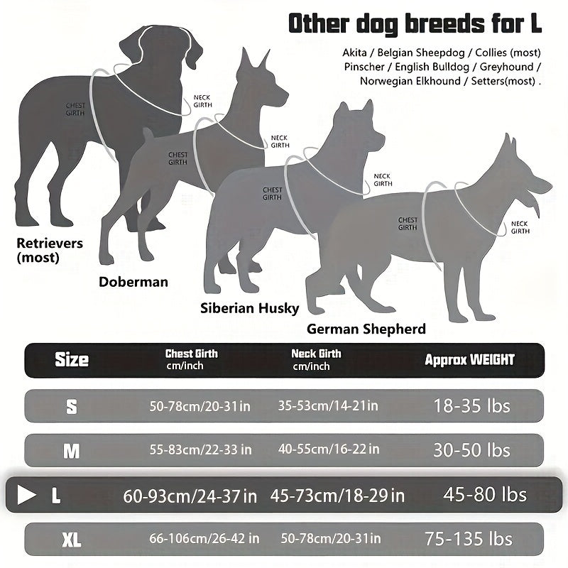 Reflective chest strap for medium to large dogs with adjustable vest and handle, suitable for bulldogs. Does not include battery.