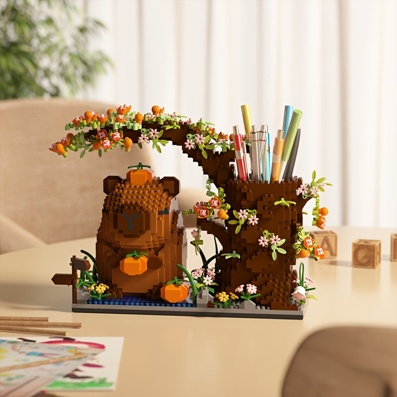 Charming capybara building block pen holder with multi-function desk organizer for office supplies, cosmetics, and handicrafts. Perfect birthday gift made of deep brown/black ABS material.