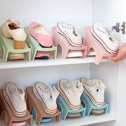 Plastic Shoe Storage Shelf with Two Tiers for Neatly Organizing Footwear in Your Closet.