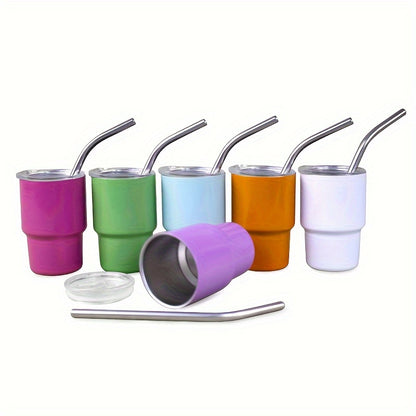 6-piece set of stainless steel shot cups with lids and straws, featuring tumbler design and insulated construction for use in bars, pubs, clubs, restaurants, and homes.