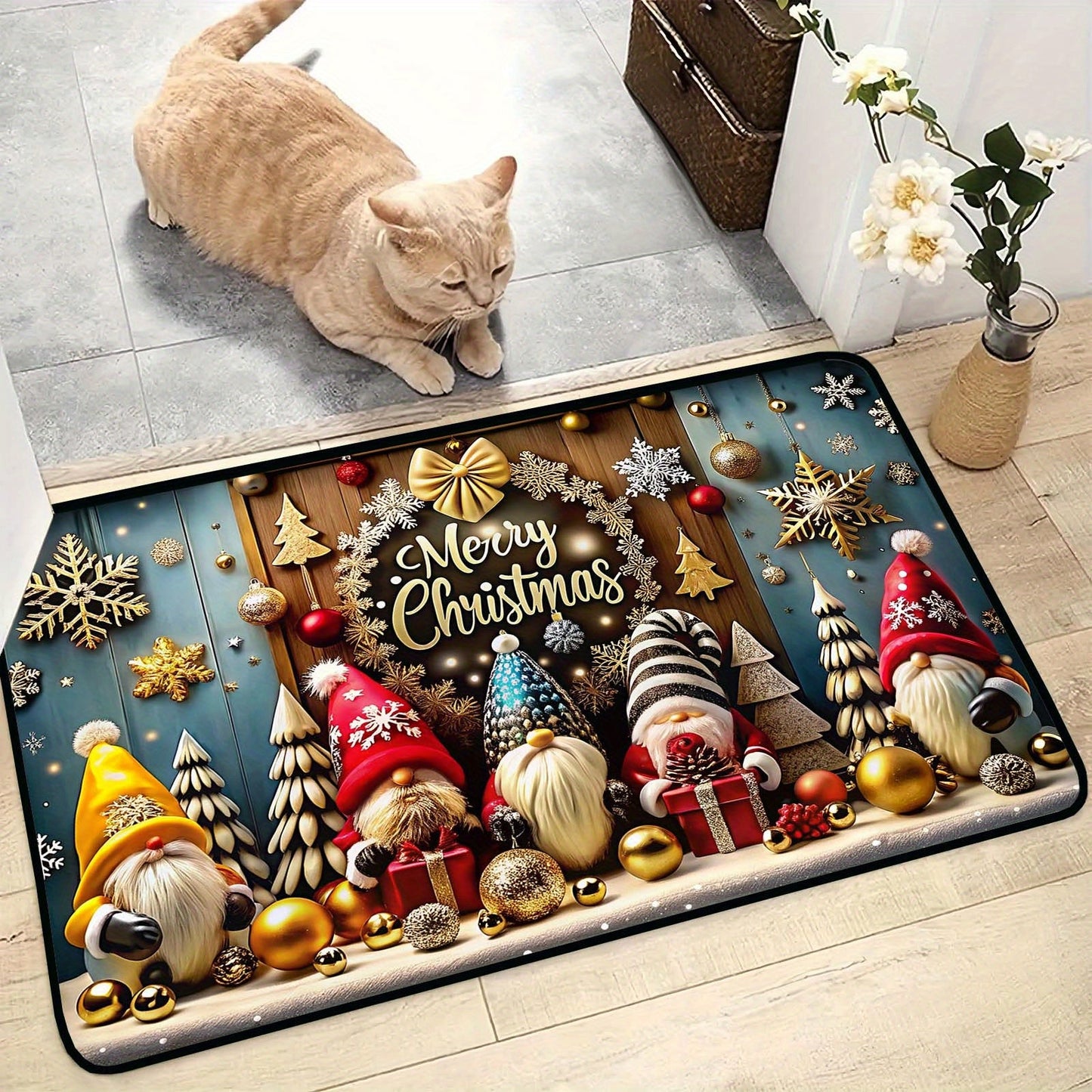 Christmas Gnome Holiday Welcome Mat, Durable Polyester Material, Low Pile Weave, Non-Slip Backing for Indoor Use, Festive Home Décor for Bedroom, Living Room, or Reading Area - Adorable Christmas Gnome Design