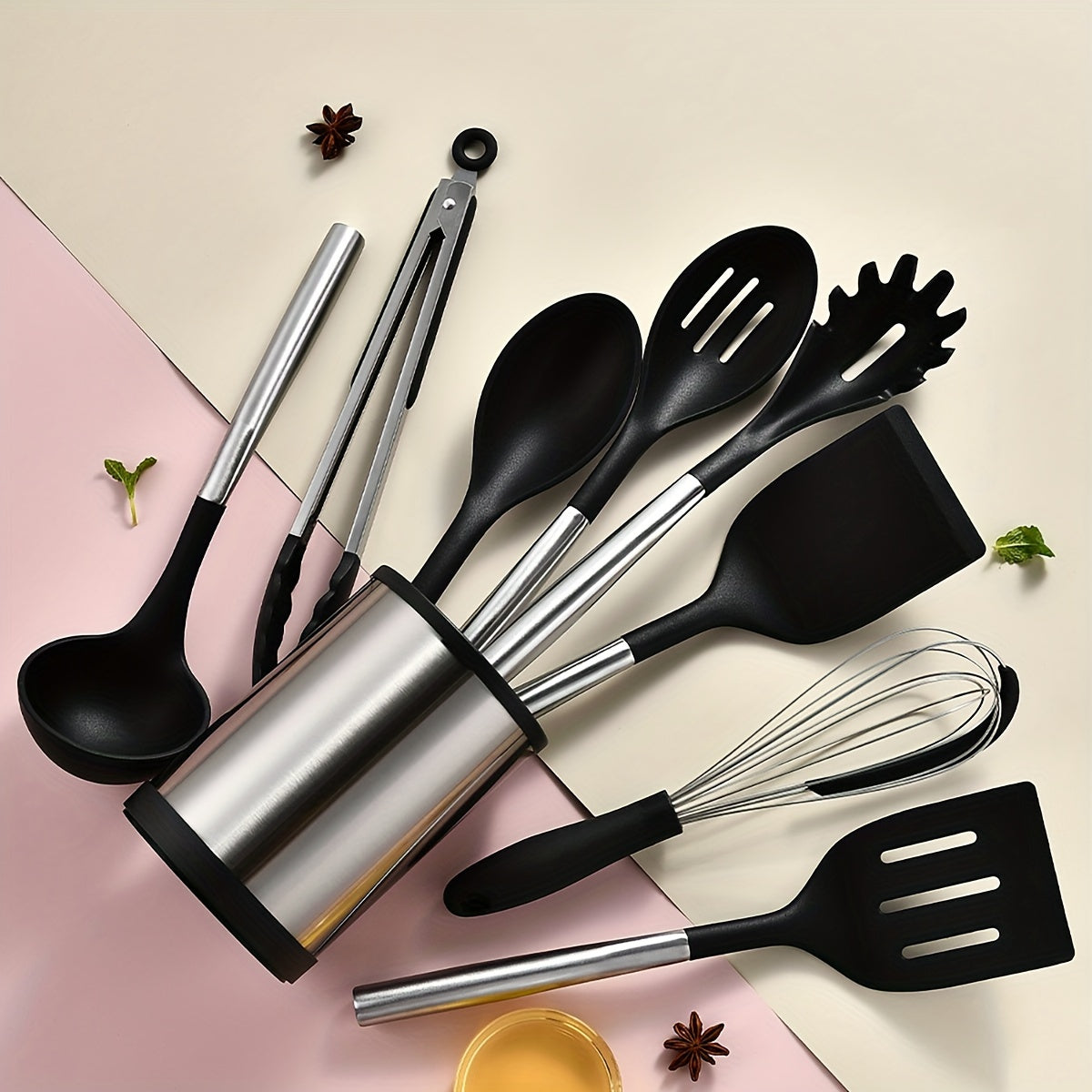 Silicone Kitchen Utensil Set - 9 Pieces with Stainless Steel Handles, Non-Stick Cooking Tools Including Spatula, Shovel, Spoon, and Storage Bucket. Perfect for Holiday Gifts, Kitchenware, and Cooking.