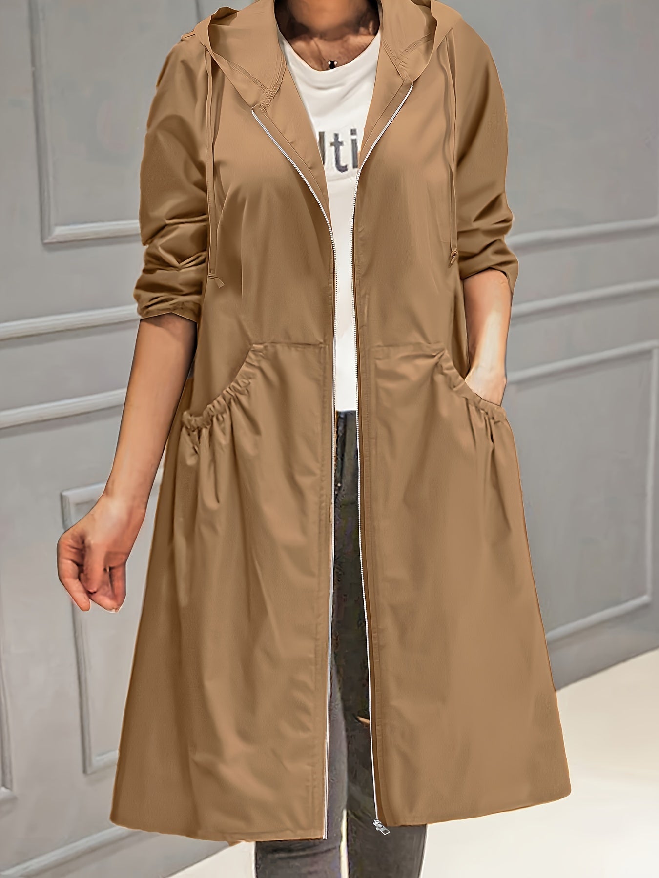 Plus Size Trench Coat with Zipper, Hood, and Pockets