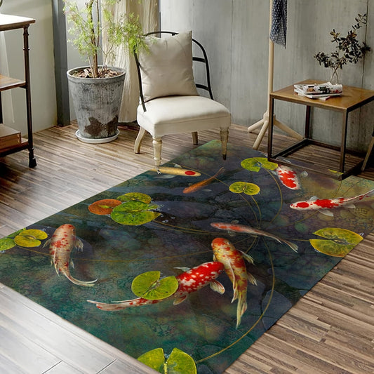 Hand-painted style rug featuring a Koi fish pattern, perfect for welcoming guests in your entrance or as a decorative piece in your living room, bedroom, dining room, kitchen, reading room, or laundry room.